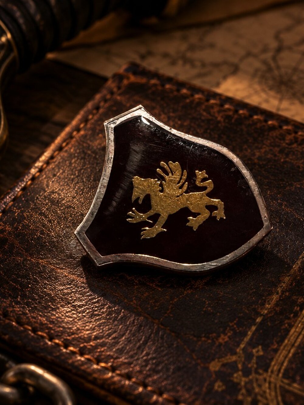 Vintage Welsh Dragon Shield Brooch Burgundy Enamel Silver Tone